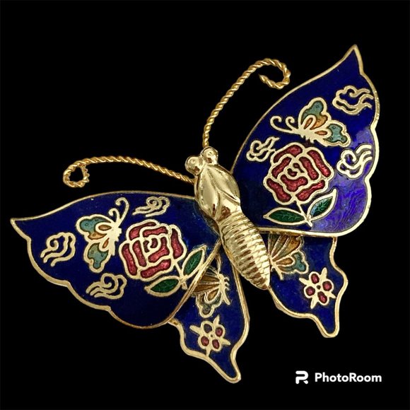 Vintage Cloisonne Butterfly Brooch Pin Flowers Blue Enamel Gold Plated Taiwan - Picture 4 of 12